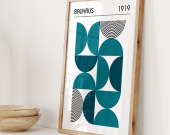 Teal Blue Bauhaus Poster, Mid Century Modern Wall Art Print, Large Bedroom Living Room Artwork, Colorful Apartment Decor, Gift for the Home