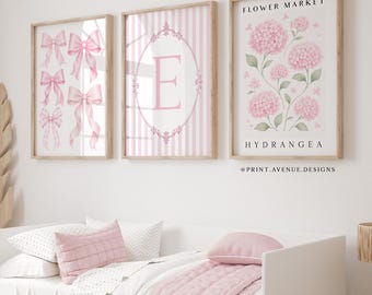 Personalized Pink Bow Wall Art Set of 3, Coquette Dorm Decor, Pink Hydrangea Flower Market Print, Girls Bedroom & Nursery Decor (Unframed)