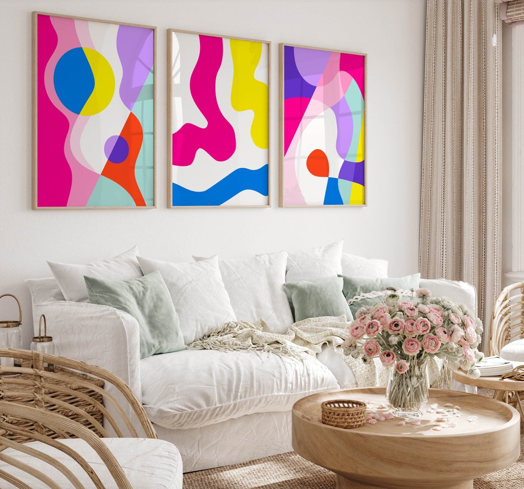 Funky Colorful Wall Art, Set of 3 Abstract Preppy Posters and Prints