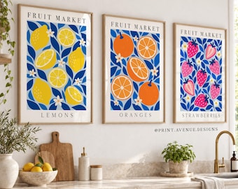 Fruit Wall Art Set of 3 Prints, Colorful Kitchen Decor, Fruit Market Posters