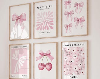 Set of 6 Pink Wall Art Poster, Coquette Bedroom Prints, Preppy Dorm Room & College Apartment Gallery Wall, Pink Bows, Matisse, Flower Market