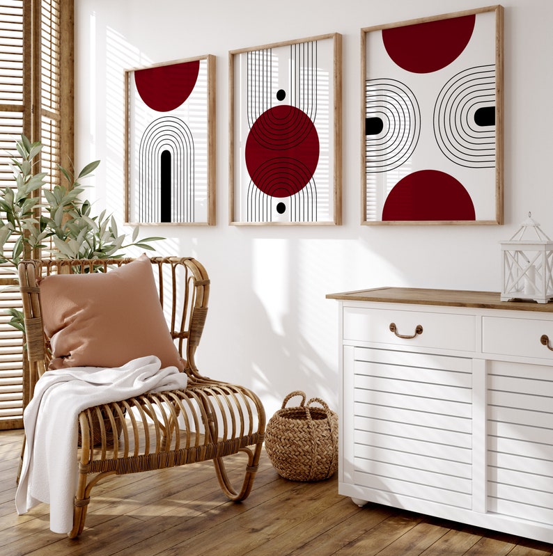 Set of 3 Mid Century Modern Wall Art Prints in Dark Burgundy Red, Large 3 Piece Wall Art, Triptych Posters and Prints, Scandinavian Prints image 4