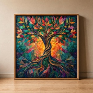 Puede incluir: Una pieza de arte mural cuadrada que presenta un árbol estilizado con un tronco retorcido y raíces extendidas. El diseño está compuesto por un patrón de mosaico geométrico en tonos vibrantes de verde azulado, naranja, amarillo, morado y rojo, enmarcado en madera clara.