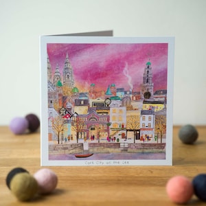 Ville de Cork, ciel rouge la nuit, carte de voeux