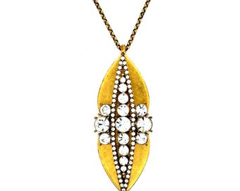 J.Crew Antique Gold Crystal Marquise Long Pendant Necklace Adjustable 34 Inch