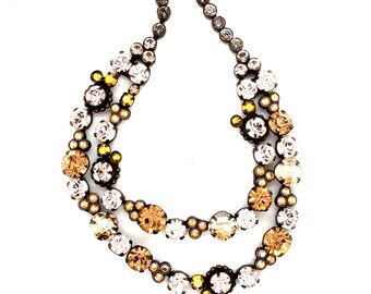 Sorrelli Crystal Bib Necklace Antique Brass Two Strand Champagne Amber Statement