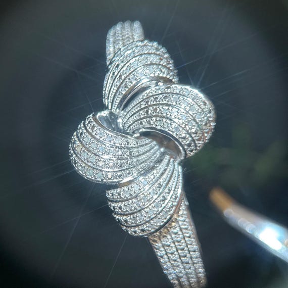 Womens Natural Diamond Love Knot Bangle Bracelet Silver Tone Hinged Statement View 3