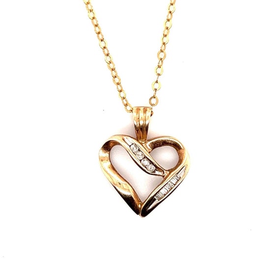 10k Round/Baguette Diamonds Heart Pendant Necklace - image 1