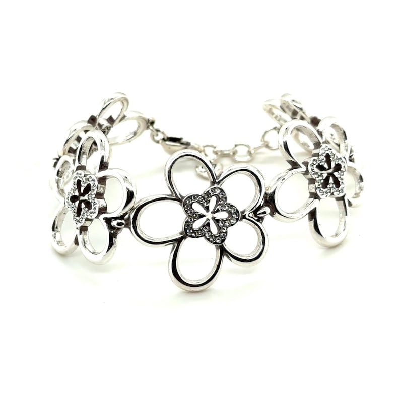 Brighton Silver Tone Crystal Daisy Flower Link Bracelet Heart Charm Clasp image 1