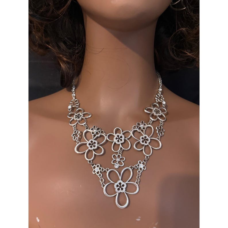 Brighton Silver Tone Crystal Floral Bib Statement Necklace image 9
