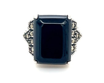 Large Rectangular Onyx/Marcasite Sterling Silver 925 Ring