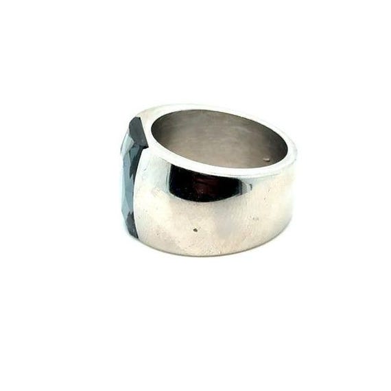 Wide Silver Band Ring with Rectangular Smoky Ston… - image 2
