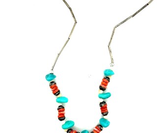 Silvertone Turquoise Coral Heishi Bead Necklace Barrel Clasp