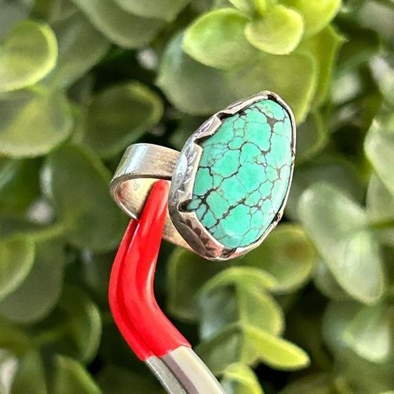 Silver Turquoise Adjustable Ring (Signed) - image 7