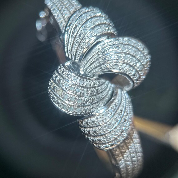 Womens Natural Diamond Love Knot Bangle Bracelet Silver Tone Hinged Statement View 2