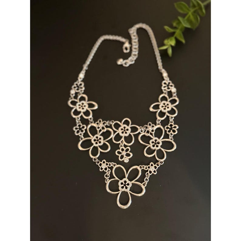 Brighton Silver Tone Crystal Floral Bib Statement Necklace image 5