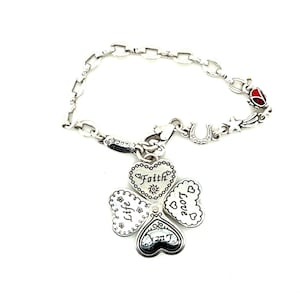 Brighton Silver Tone Faith Love Life Luck Folding Clover Heart Charm Bracelet image 1