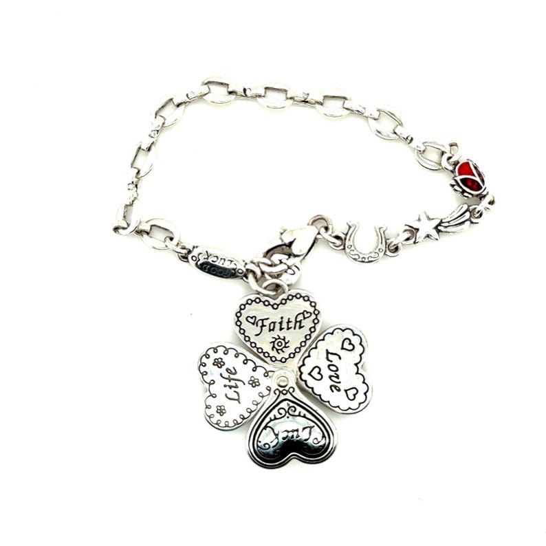 Brighton Silver Tone Faith Love Life Luck Folding Clover Heart Charm Bracelet image 1