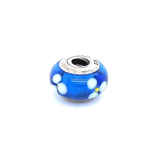 Pandora Blue Murano Glass White Flower Charm - image 1