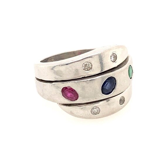 18k Diamonds, Emerald, Sapphire & Ruby Ring - image 3