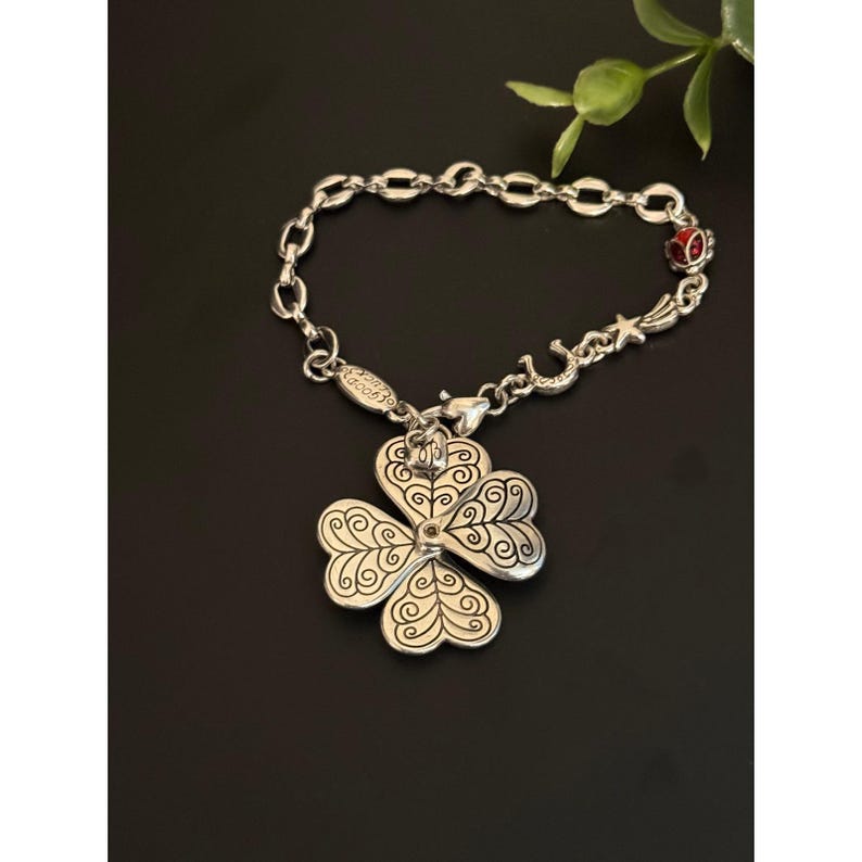 Brighton Silver Tone Faith Love Life Luck Folding Clover Heart Charm Bracelet image 3