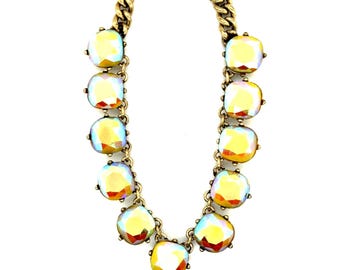 J.Crew Aurora Borealis Crystal Statement Necklace Gold Tone Curb Chain 18-20"