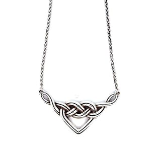 May include: A silver-toned necklace featuring a Celtic knot design. The pendant has a triangular shape with interwoven loops and a delicate chain. The necklace is displayed against a white background, highlighting the intricate details of the jewelry.