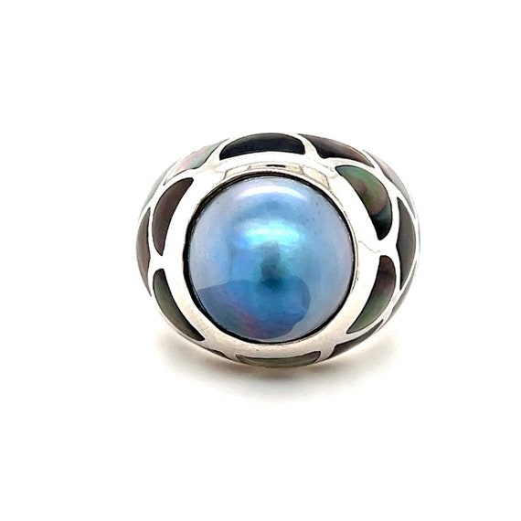 Large Blue Pearl Black Enamel Sterling Silver 925… - image 1