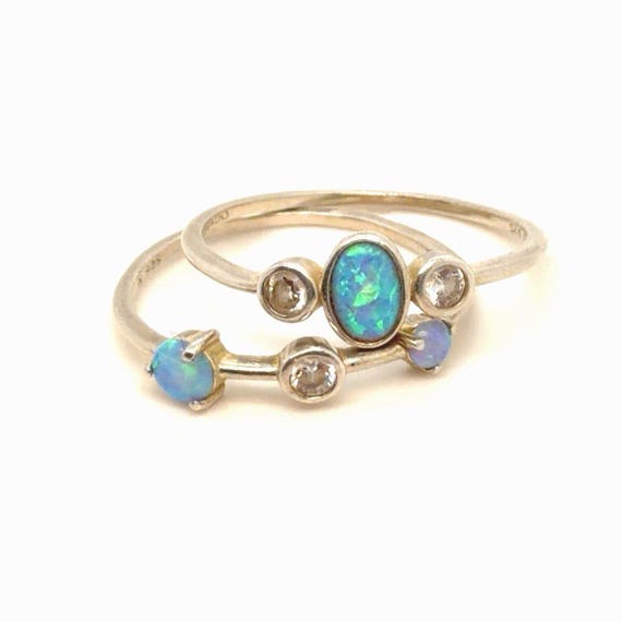 Sterling Silver 925 Stackable Opal Ring Set - image 1