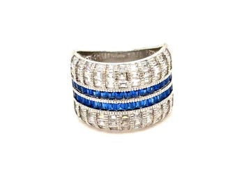 925 Silver Rows of Sapphires/Cz’s Thick Band Ring