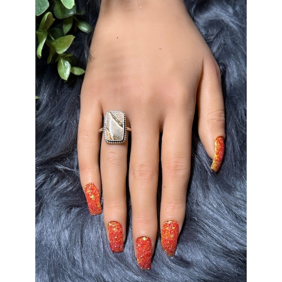 Silver Rectangular Wooden Color Stone Ring - image 10