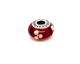 Pandora White Flower Red Murano Glass Charm
