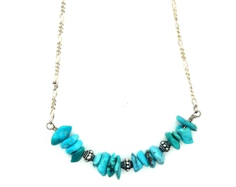 Collar de plata de ley con pepita de turquesa, cadena Figaro de 38 cm, estilo suroeste bohemio.