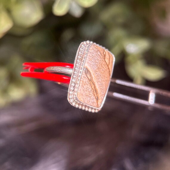 Silver Rectangular Wooden Color Stone Ring - image 4