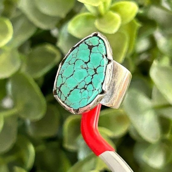 Silver Turquoise Adjustable Ring (Signed) - image 6
