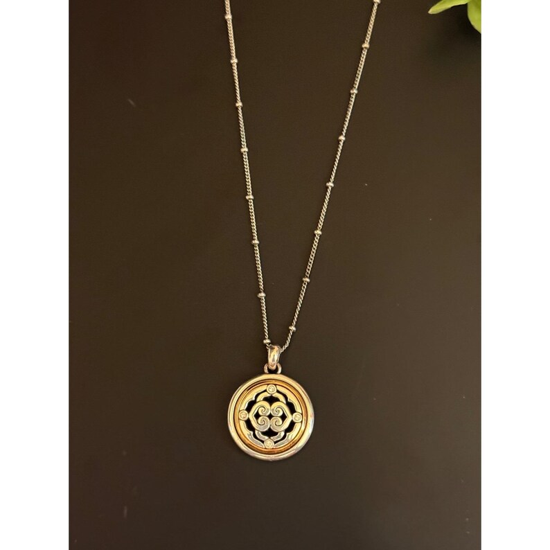 Brighton Mixed Metal Reversible Scroll Pendant Necklace Silver Gold Tone Crystal image 3