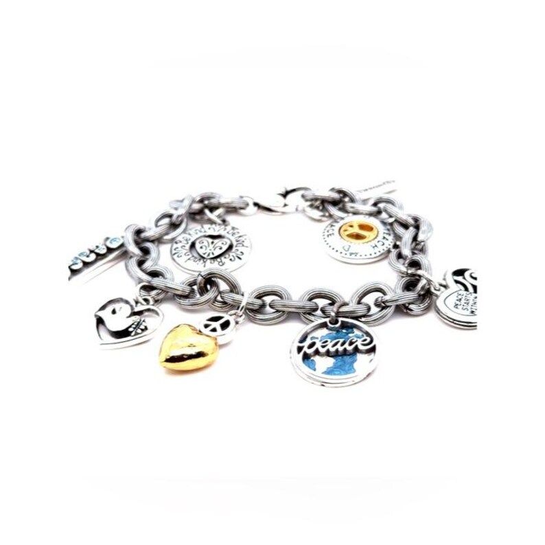 May include: Silver-toned charm bracelet with various charms, including hearts, a peace sign, a globe with the word "peace", and a smiley face. The bracelet has a textured chain design and a mix of silver and gold-toned charms.
