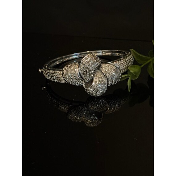 Womens Natural Diamond Love Knot Bangle Bracelet Silver Tone Hinged Statement View 6