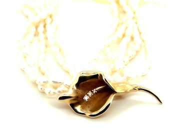 Victoria DuPont 14k Gold Diamond Calla Lily Brooch/ Pearl Necklace