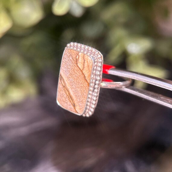 Silver Rectangular Wooden Color Stone Ring - image 3