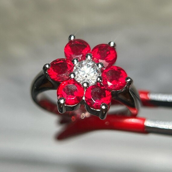 925 Silver Red/White Flower Ring - image 3