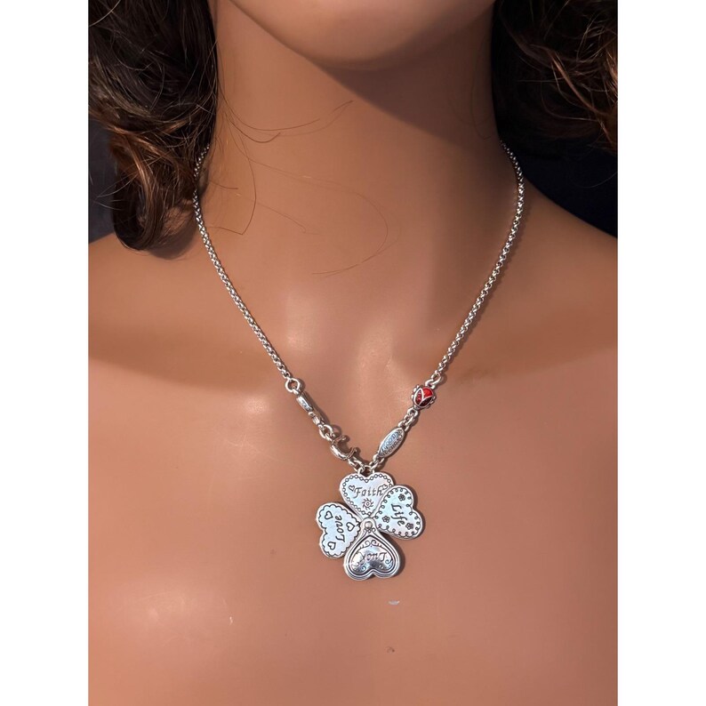 Brighton Silver Tone Convertible Four Leaf Clover Heart Faith Love Luck Necklace image 9