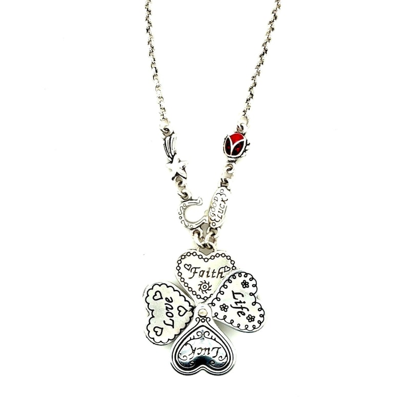 Brighton Silver Tone Convertible Four Leaf Clover Heart Faith Love Luck Necklace image 1