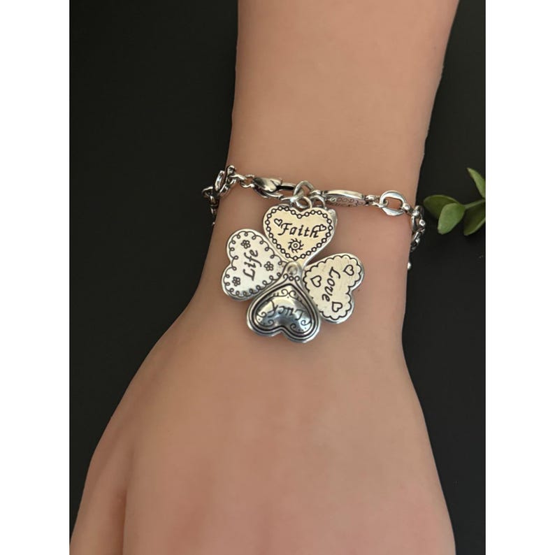 Brighton Silver Tone Faith Love Life Luck Folding Clover Heart Charm Bracelet image 7