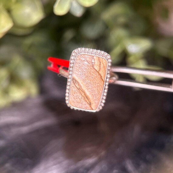 Silver Rectangular Wooden Color Stone Ring - image 2