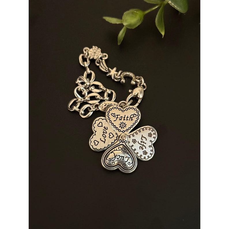 Brighton Silver Tone Faith Love Life Luck Folding Clover Heart Charm Bracelet image 2