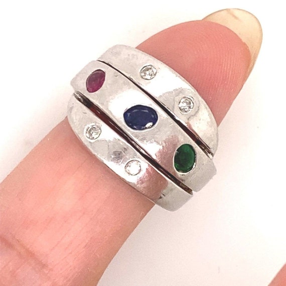 18k Diamonds, Emerald, Sapphire & Ruby Ring - image 4