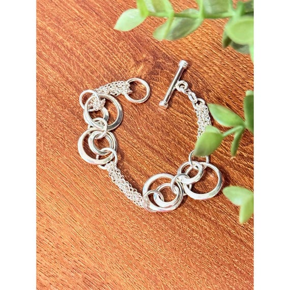 925 Silver Multi-Strand Circle Link Toggle Bracel… - image 4