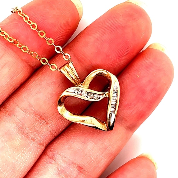 10k Round/Baguette Diamonds Heart Pendant Necklace - image 2