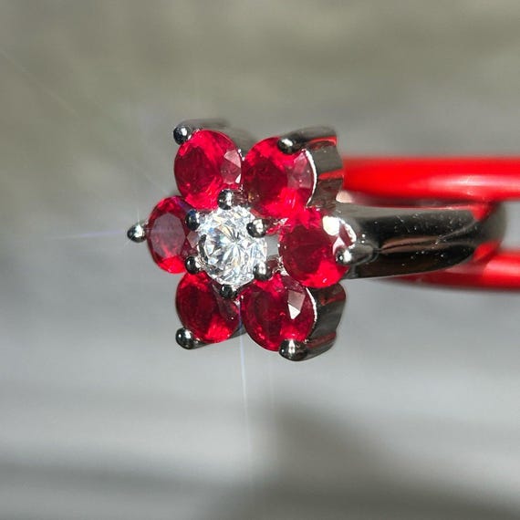 925 Silver Red/White Flower Ring - image 4
